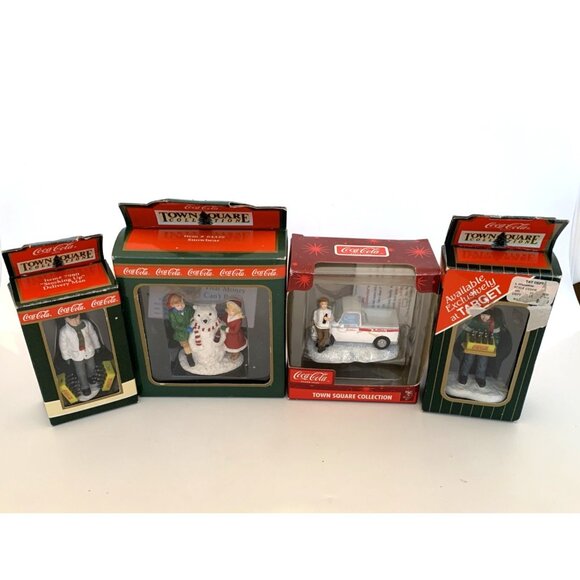 4 Coca Cola Town Square Figurines True Value Truck Snowbear & 2 Delivery Men Vtg - Picture 1 of 16